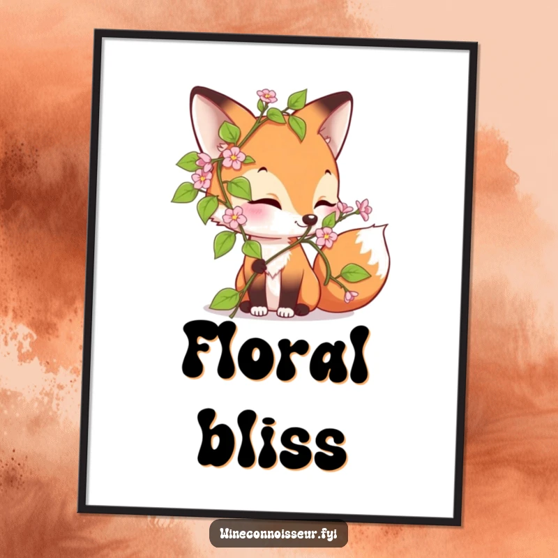Funny digital art of a curious fox character delightedly sniffing a blooming vine, perfect for adding natural humor to decor.