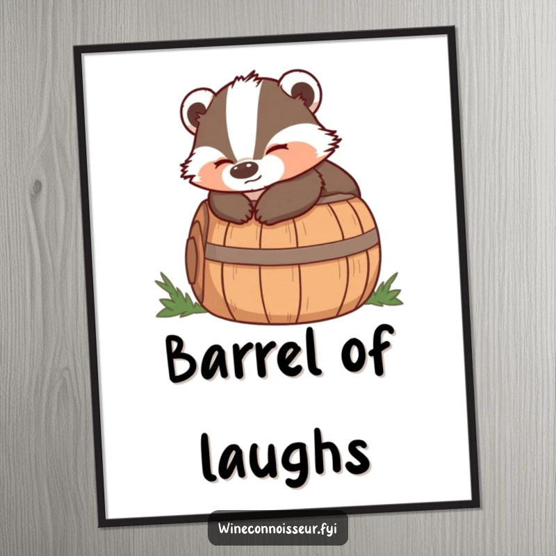 Funny digital art print of a wise badger lounging on a barrel with a satisfied expression, offering instant peace.