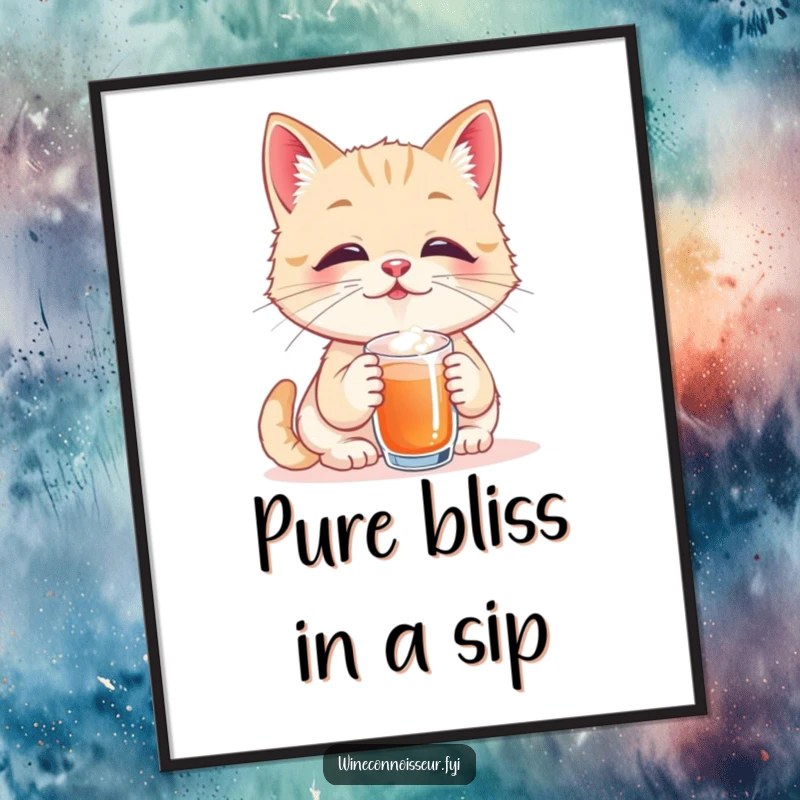 Funny digital art print of a playful cat taster savoring a tiny sip with eyes closed in pure bliss, a charming and humorous illustration for any room.
