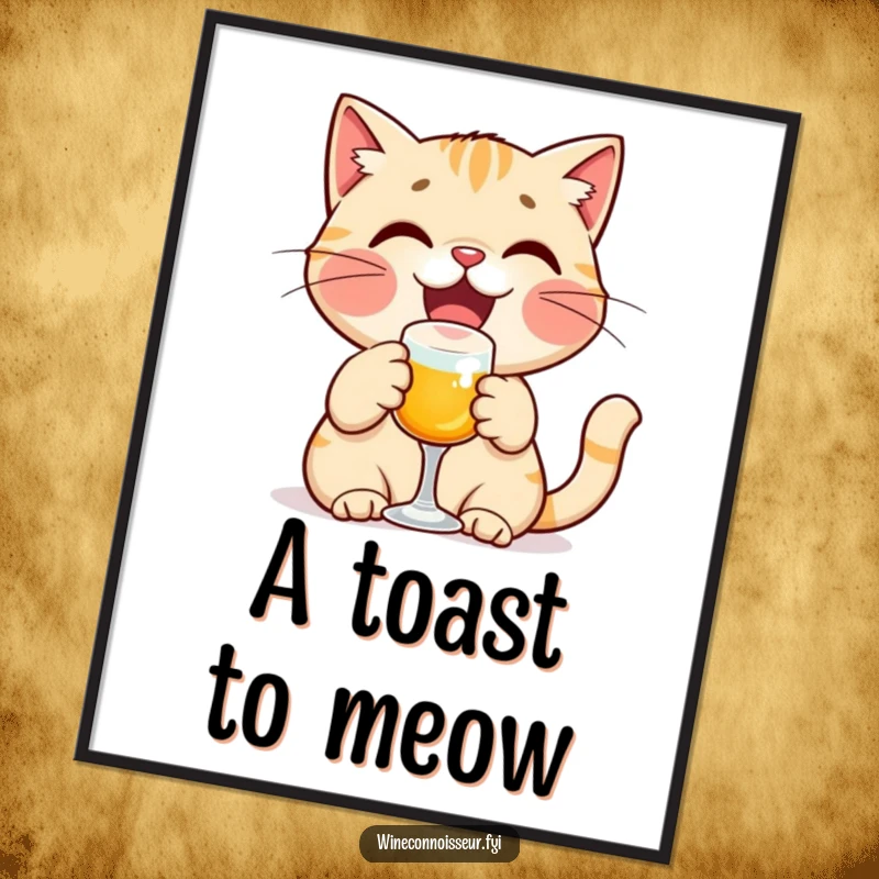 Funny cat digital art print of a delighted cat character toasting with a miniature glass, perfect for adding festive cheer.