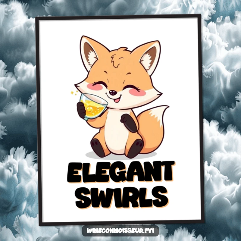 Funny digital art print of a happy, sophisticated fox character elegantly swirling a glass of sparkling liquid.