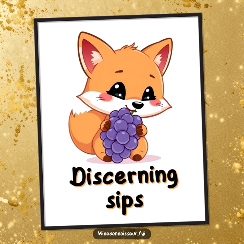 Funny digital art print of a cheerful fox sniffing a grape with a discerning look, ready to intrigue.
