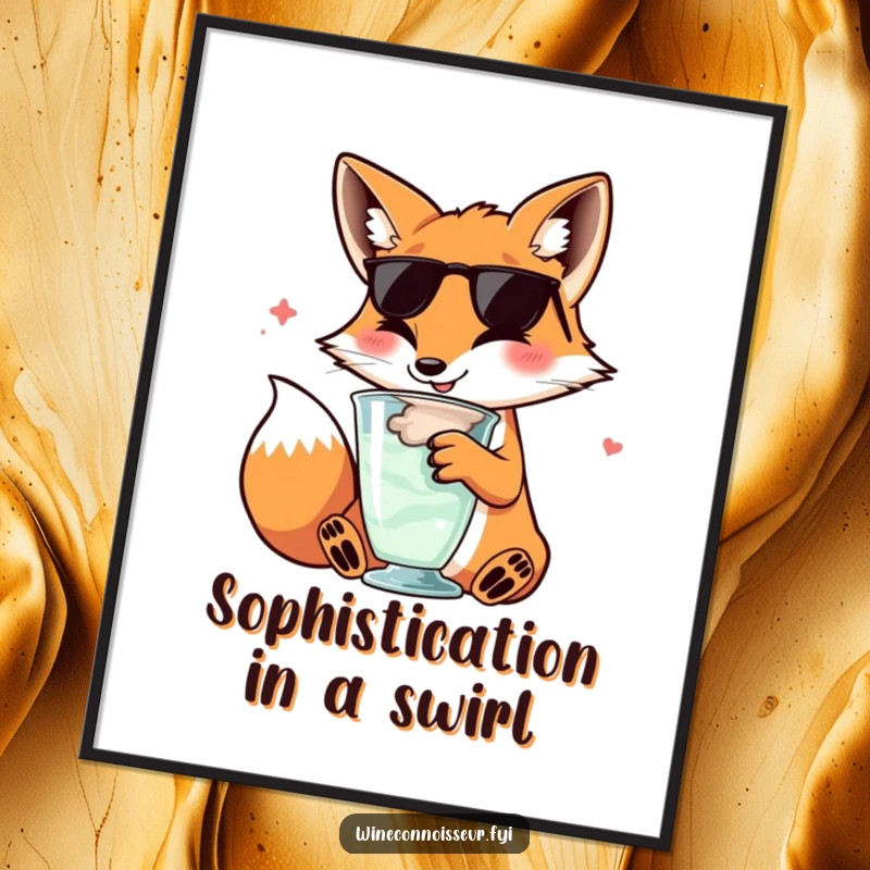 Funny kawaii fox digital art print, character swirling wine glass, sophisticated happy expression, instant download, art.