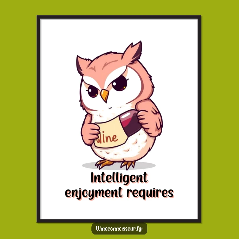 Funny Kawaii Owl Wine Digital Art: Determined Scholar Print, Intellectual Decor Gift