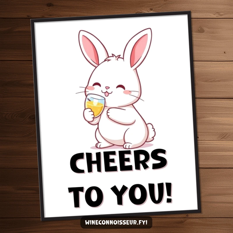 Funny digital art print of a smiling kawaii rabbit clinking a tiny champagne flute, ideal for screensavers.