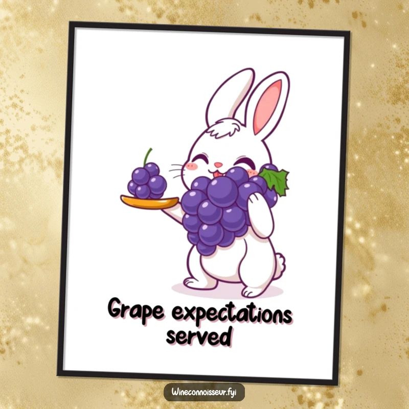Funny digital art print of a delighted rabbit meticulously serving a single perfect grape with great care, a charming and humorous illustration for any room.