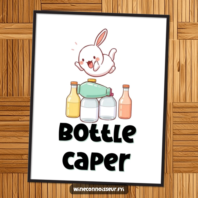 Funny digital art of a playful rabbit character somersaulting over stacked bottles, perfect for adding energetic humor to decor.