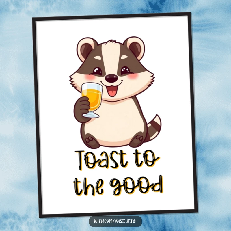 Funny badger digital art print of a happy character toasting with a small glass, wide smile, for instant humorous decor.