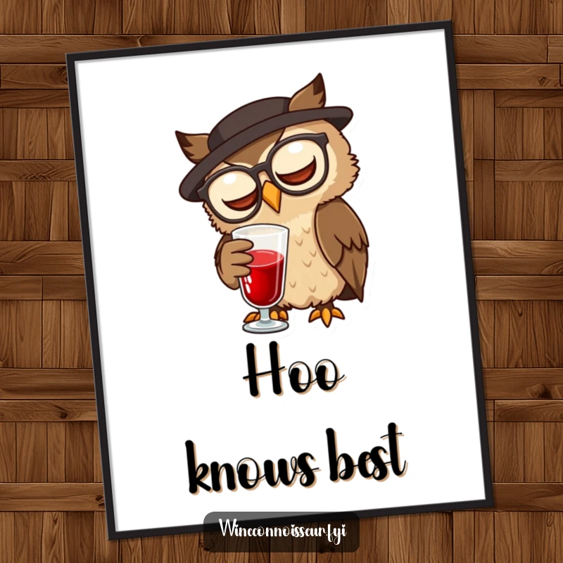 Funny wise brown owl with spectacles carefully swirling a glass of red liquid, funny digital art.