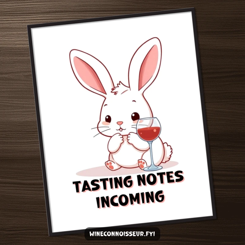 Funny kawaii rabbit digital art print, a cute bunny artistically contemplating wine pairings, ready for instant download and display.