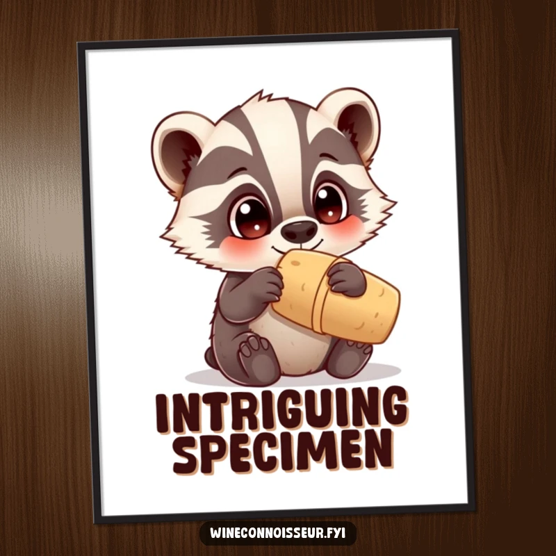 Funny digital art print of a curious Kawaii badger examining a cork, adorable animal artwork, humorous and cute decor gift.