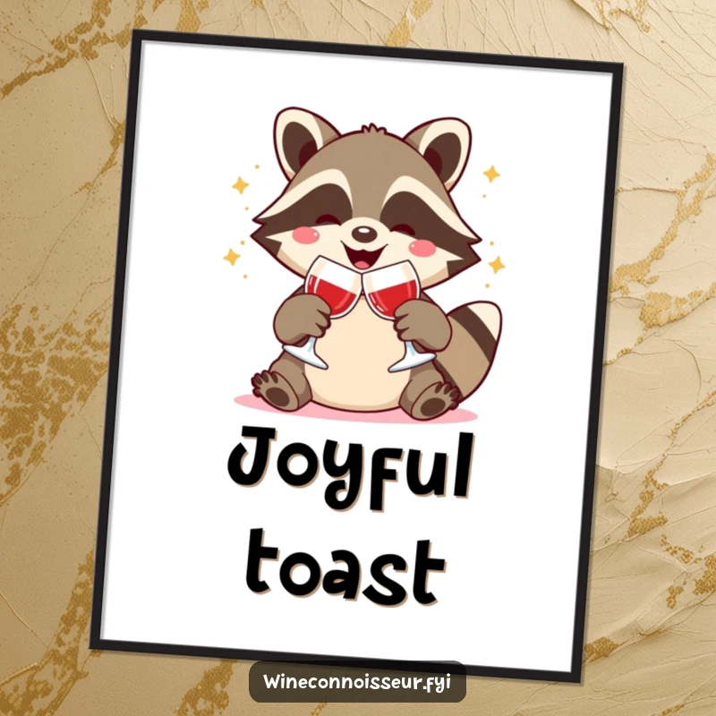 Funny digital art print of a joyful Kawaii raccoon clinking wine glasses, festive animal artwork, humorous and cute decor gift.