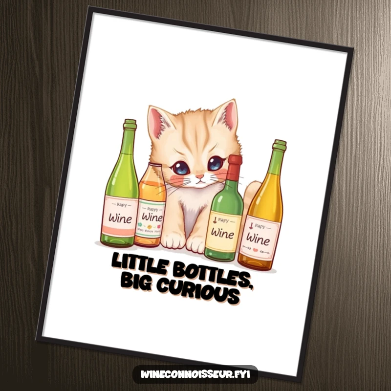 Funny Digital Art Print: A curious kitten peering at miniature wine bottles, bringing feline charm and humor to any space.
