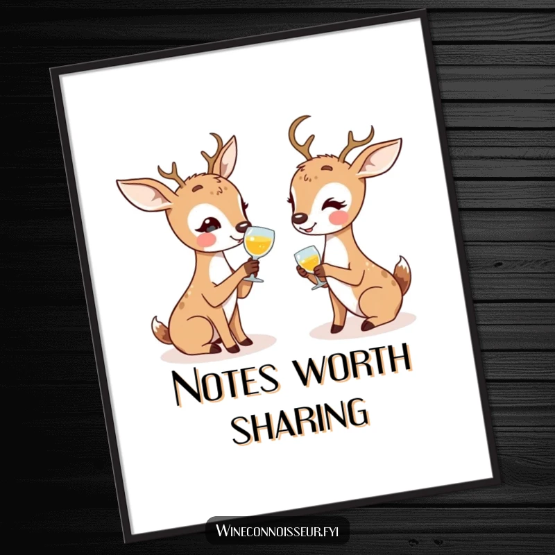 Funny digital art print of kawaii deer characters enthusiastically discussing tasting notes, ideal for instant friendly and humorous decor.