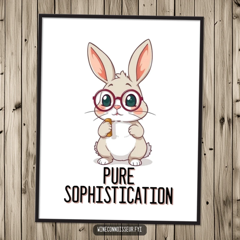 Funny rabbit with monocle examining cork digital art print, capturing a moment of refined curiosity and humor.