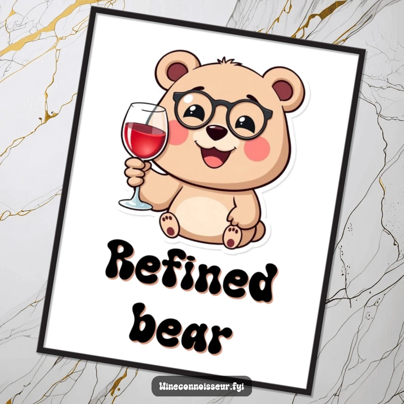 Funny digital art print of a happy bear wearing a monocle, smiling while holding a wine glass, for refined decor.
