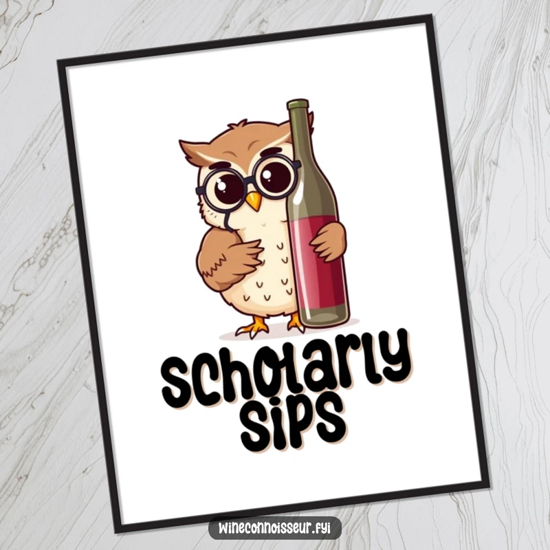 Funny owl character with monocle and wine bottle, available as a downloadable digital art print for humorous decor.