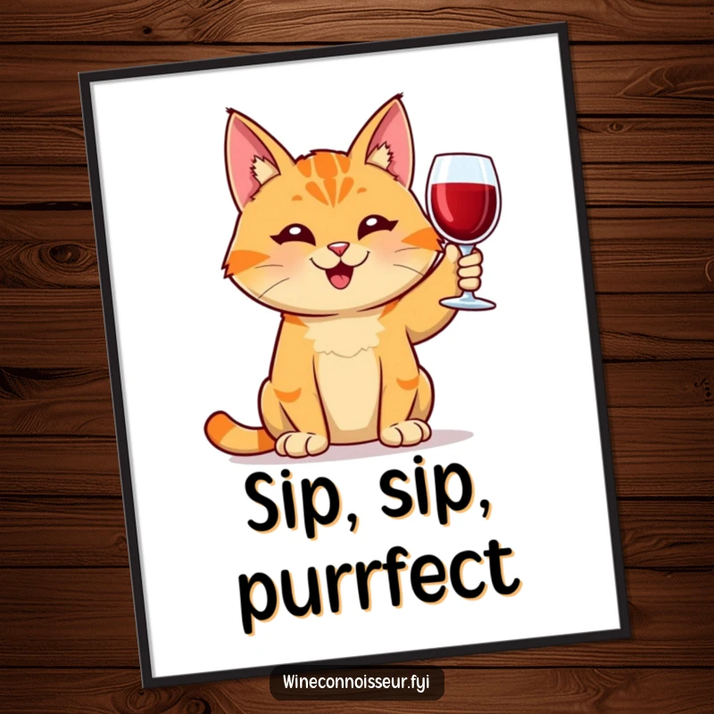 Funny orange tabby cat wine digital art print, smiling with glass, instant download, printable wall decor, a humorous and charming funny gift.