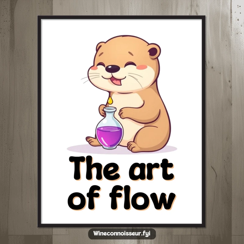 Funny digital art print of a contented otter pouring a tiny liquid drop into a decanter, conveying serenity.