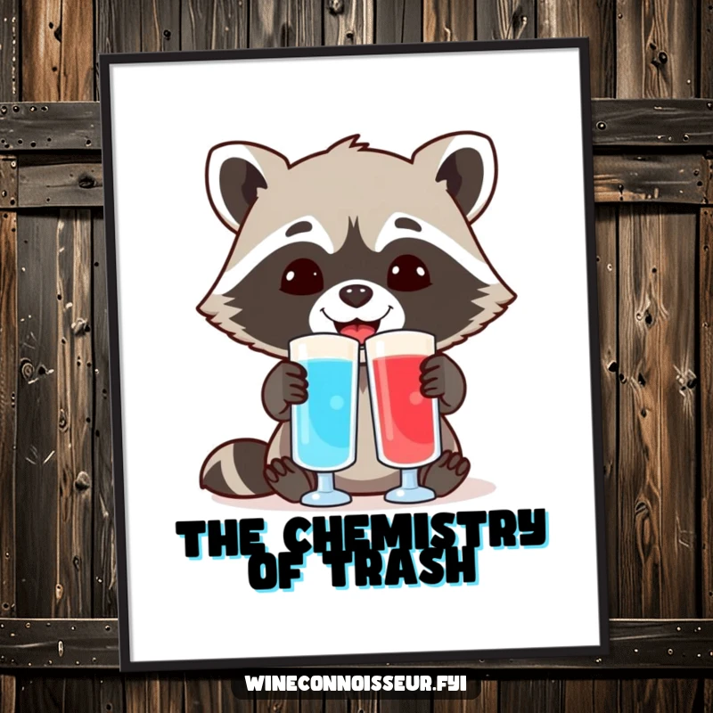 Funny digital art print of a cheerful raccoon comparing two different colored liquid samples, ideal for adding instant, humorous scientific decor.