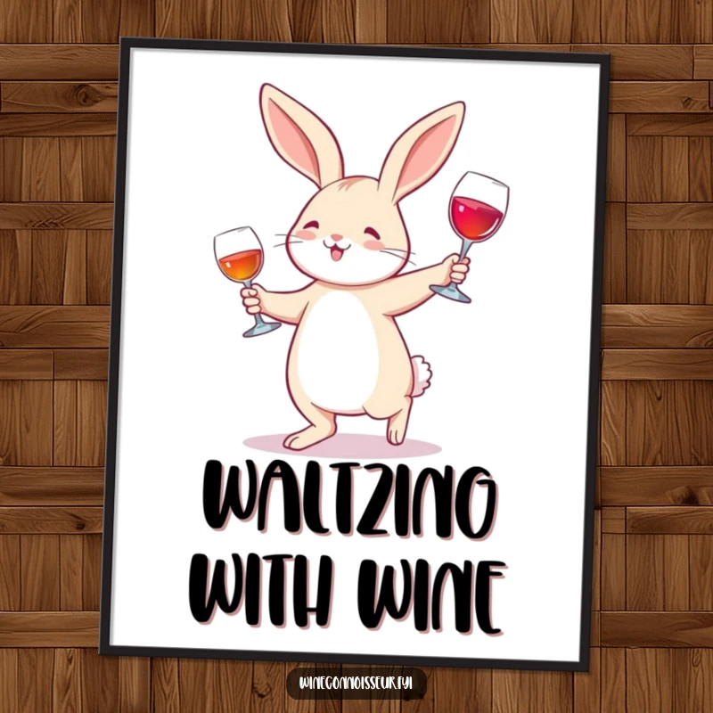 Funny Digital Art Print: A joyful rabbit performing a waltz with a wine glass, bringing festive cheer and artistic humor to any space.