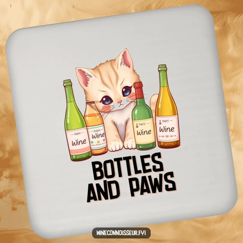 Funny Drink Coaster: A curious kitten examining miniature wine bottles, protecting surfaces with feline charm and humor.