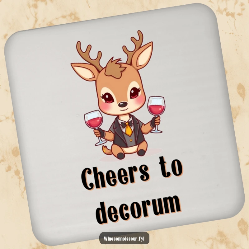 Funny deer drink coaster featuring a dignified character holding a wine glass with a reserved smile, for sophisticated surface protection.