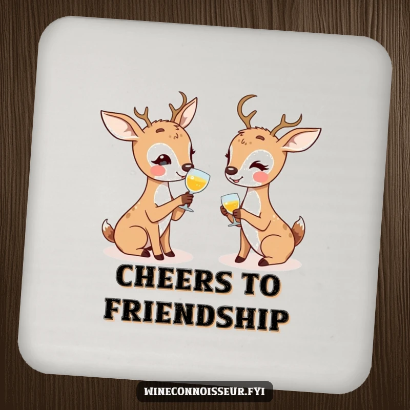 Funny drink coaster with kawaii deer characters enthusiastically discussing tasting notes, perfect for social tables and humor.