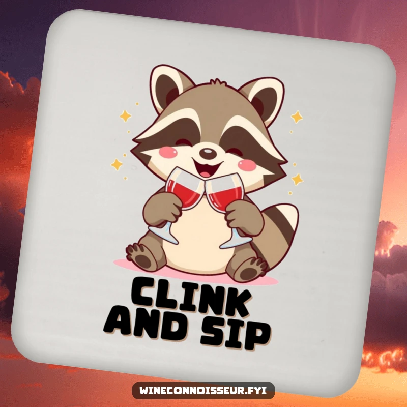 Funny coaster art of a joyful Kawaii raccoon clinking wine glasses, festive protection, humorous and cute household gift.