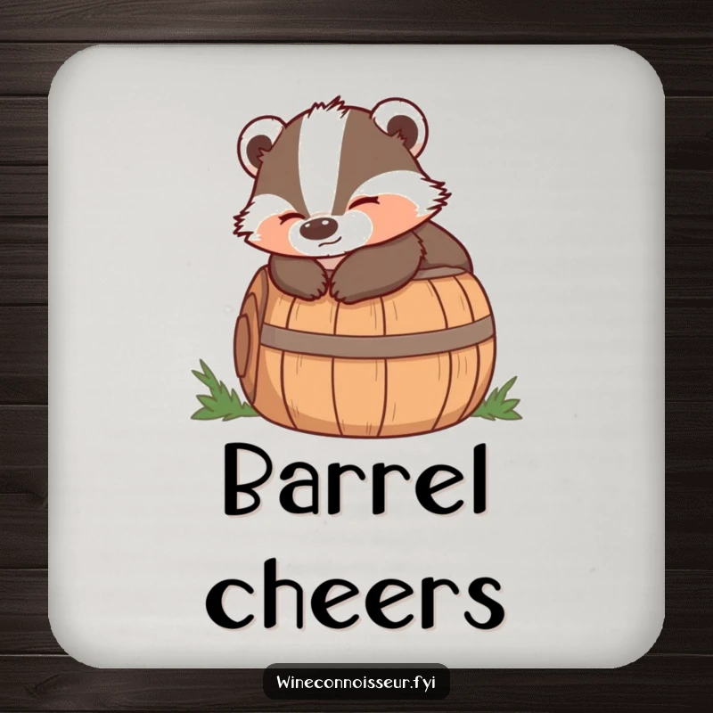 Funny drink coaster with a wise badger lounging on a barrel with a satisfied expression, adding serene humor.
