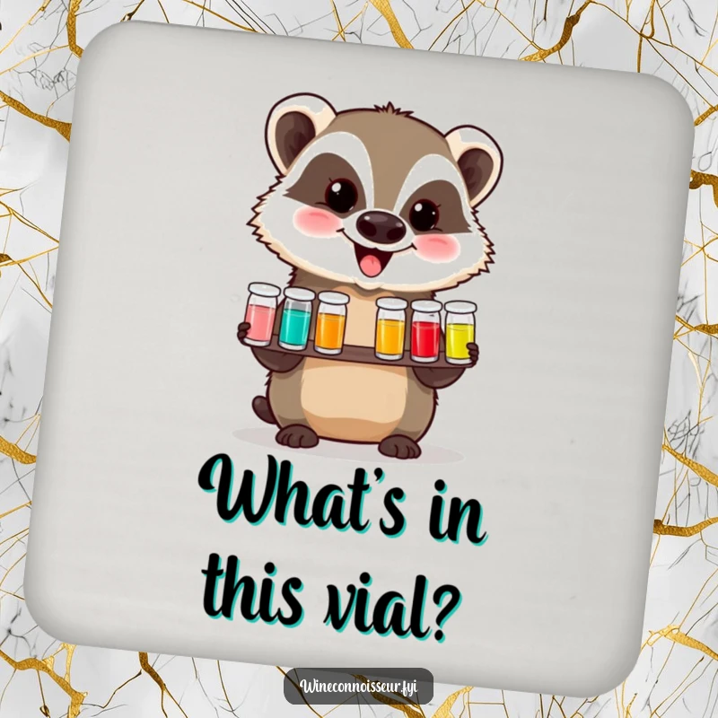 Funny drink coasters showcasing a delighted badger presenting a tasting flight of tiny vials, adding a touch of humor to drink service.