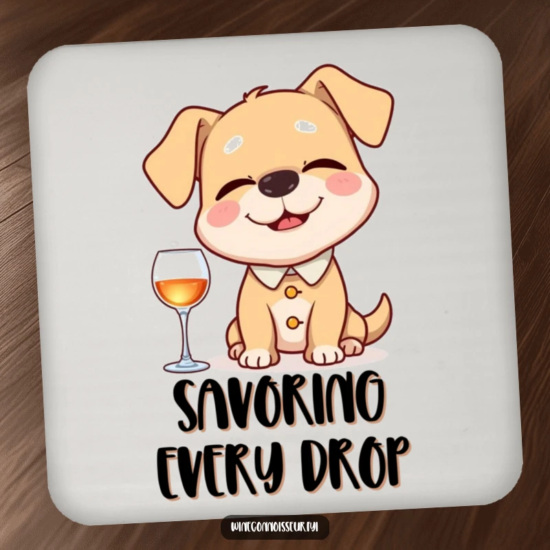 Funny coasters featuring a happy dog sommelier sniffing an invisible aroma, eyes closed, providing excellent surface protection with a humorous and refined design.
