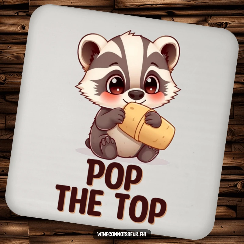 Funny coaster art of a curious Kawaii badger examining a cork, adorable protection, humorous and cute household gift.