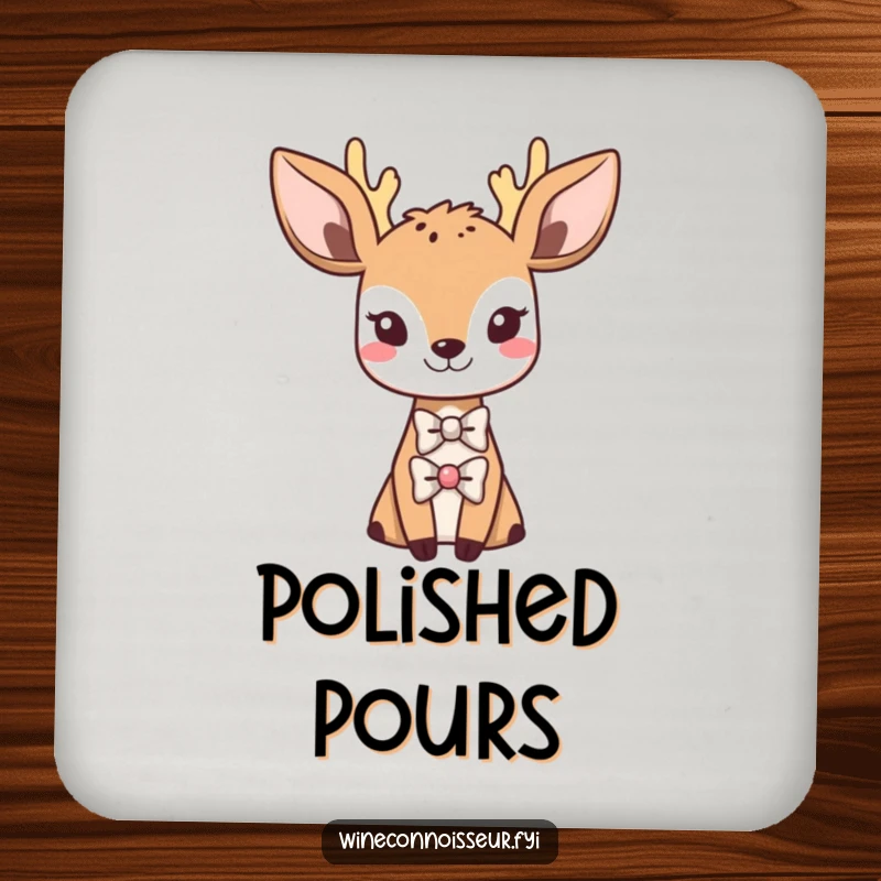 Funny coaster art of a sophisticated Kawaii deer wearing a tiny bowtie, elegant protection, humorous and cute household gift.