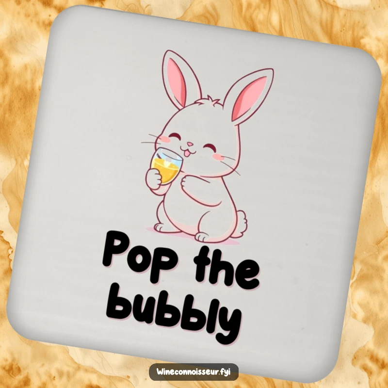 Set of funny drink coasters featuring a smiling kawaii rabbit clinking a tiny champagne flute, adding cute cheer to tables.