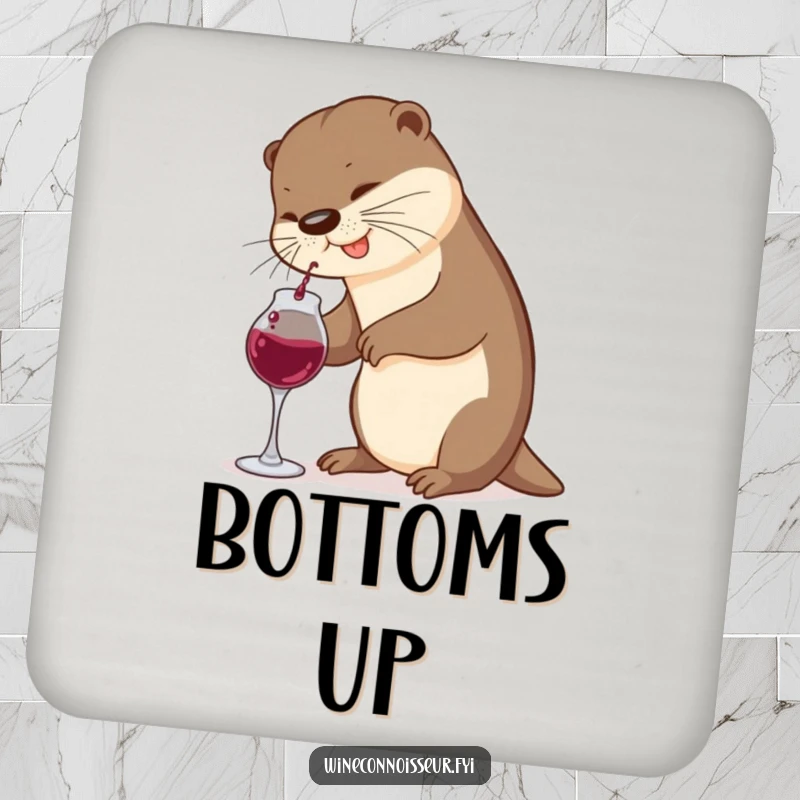 Funny Otter Coaster: A cute otter comically attempts to pour wine from a mini decanter, adding humor to drink service.