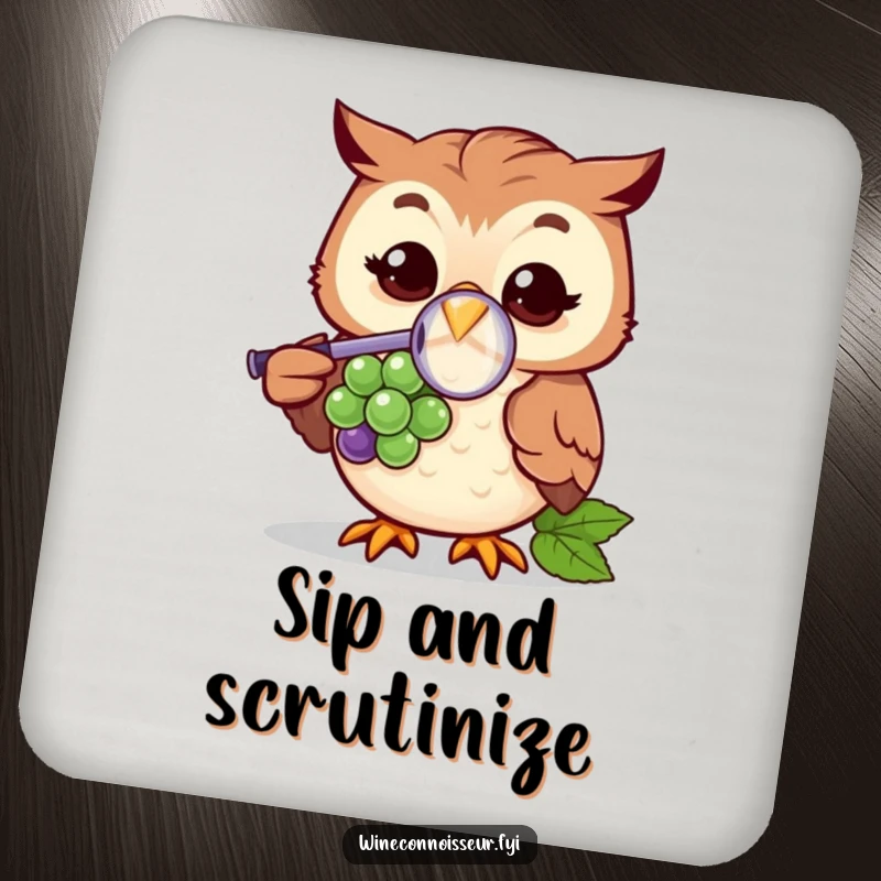 Funny drink coasters featuring a cheerful owl character with a magnifying glass examining a grape, providing a humorous touch to tabletops.
