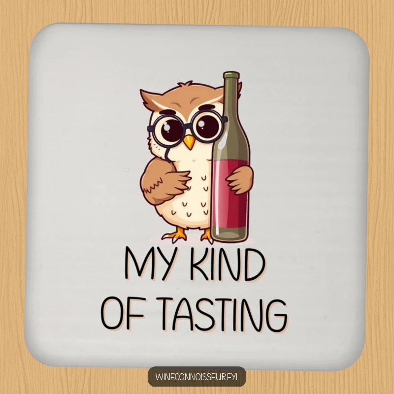 Funny owl with monocle examining a wine bottle, featured on a protective and humorous drink coaster.