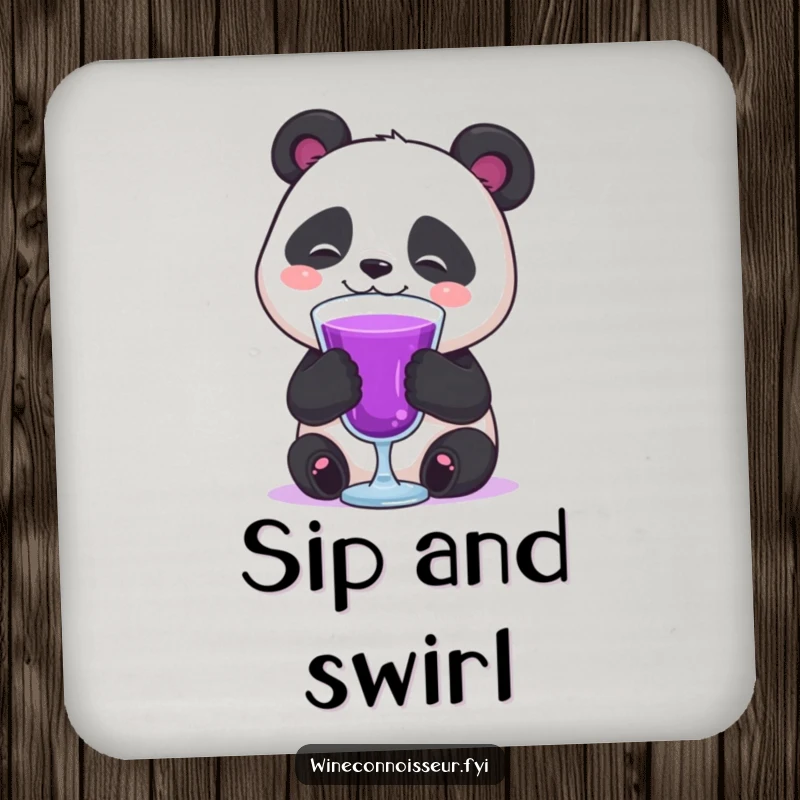 Funny happy panda swirling purple liquid drink coaster, adding a humorous and contented vibe to any surface.