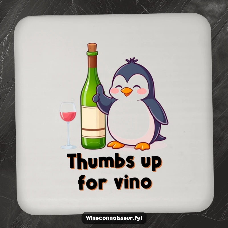 Funny Drink Coaster: A contented penguin giving a thumbs up next to a wine bottle, protecting surfaces with happy approval.