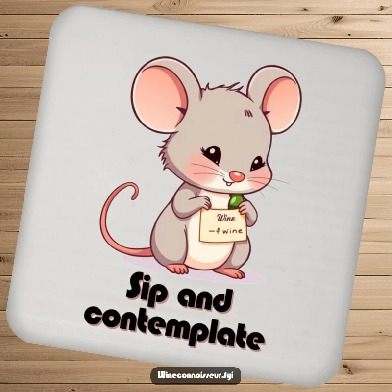 Funny wine mouse coaster showing a contemplative mouse looking at a wine label. Adds a humorous accent to drink service.