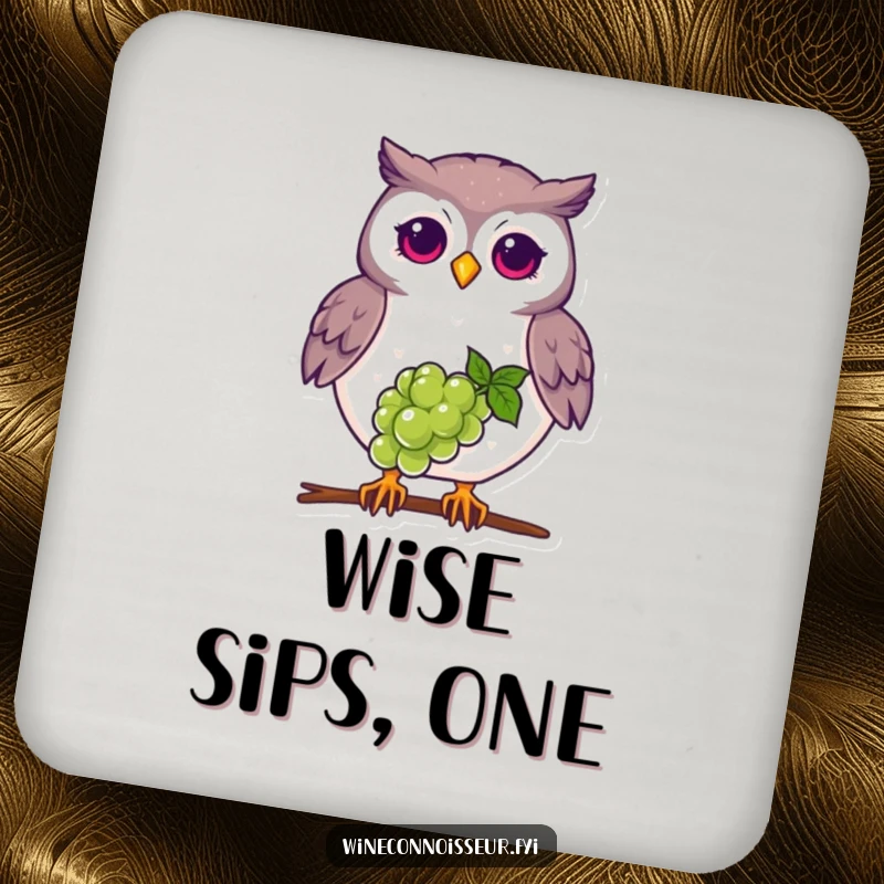 Funny proud owl coaster, balancing grape on beak, cute and protective drink accessory.