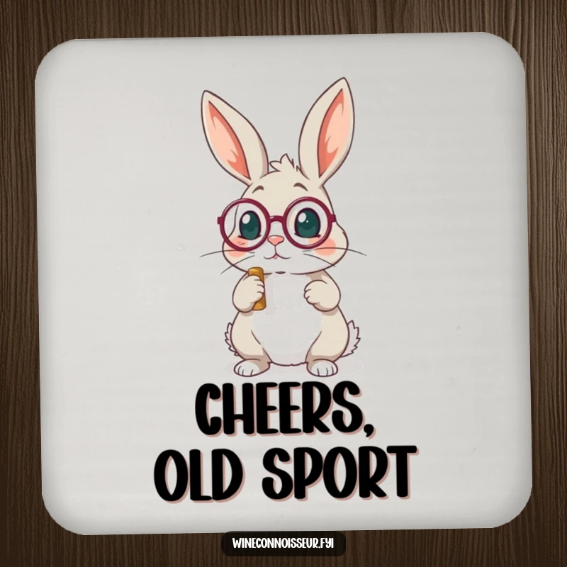 Funny rabbit with monocle examining cork drink coaster, adding a sophisticated and humorous touch to any surface.