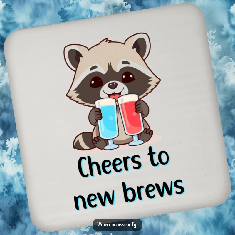 Funny drink coasters featuring a cheerful raccoon comparing two different colored liquid samples, adding a humorous touch to beverage service.