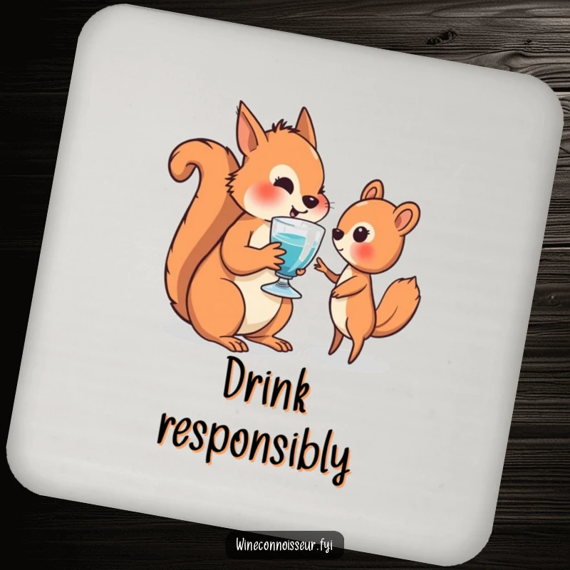 Funny drink coaster featuring a wise squirrel offering a drink, adding a touch of hospitality and humor.