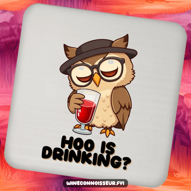 Funny wise brown owl with spectacles swirling red liquid on a funny drink coaster.