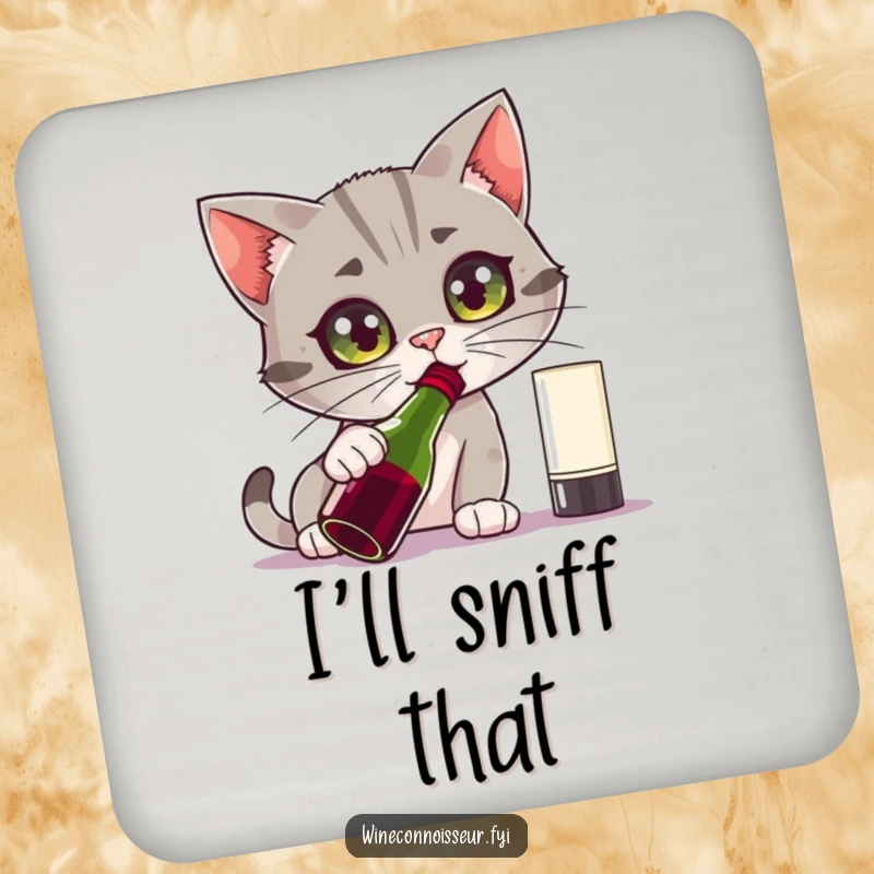 Funny drink coaster with a curious cat character intensely sniffing a wine bottle with wide eyes, adding a touch of humor.