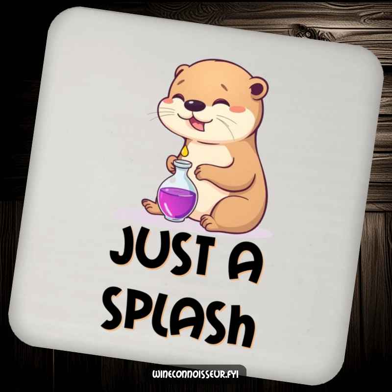 Funny drink coasters featuring a peaceful otter pouring a minuscule droplet into a decanter, adding elegance.