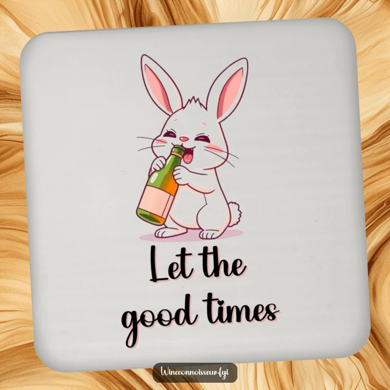 Funny rabbit character uncorking a miniature wine bottle, featured on a protective and humorous drink coaster.
