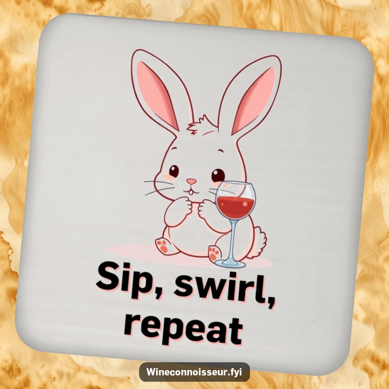 Funny kawaii rabbit drink coasters, a set featuring a cute bunny thoughtfully selecting wine, protecting surfaces with humor.